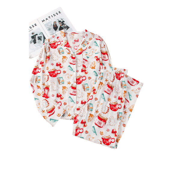 Women's White Christmas Pattern Long Sleeve Pajama Set | [ZhiHiMeRi] | (US 12-14)L