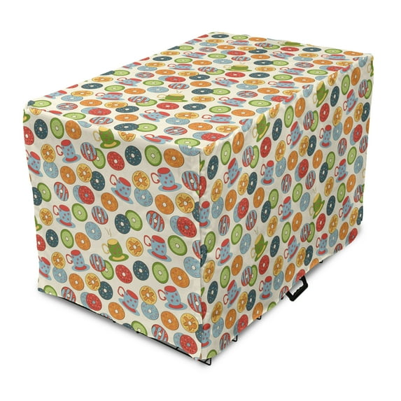 Food Dog Crate Cover, Colorful Sketch of Glazed Donuts in Sprinkles and Hot Drink Cups Pattern, Easy to Use Pet Kennel Cover Small Dogs Puppies Kittens, 7 Sizes, Eggshell and Multicolor, by Ambesonne