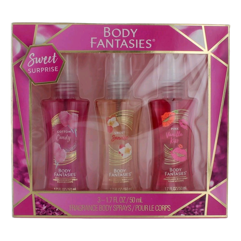 Body Fantasies Sweet Surprise by Parfums De Coeur, 3 Piece Variety Body Sprays set for Women