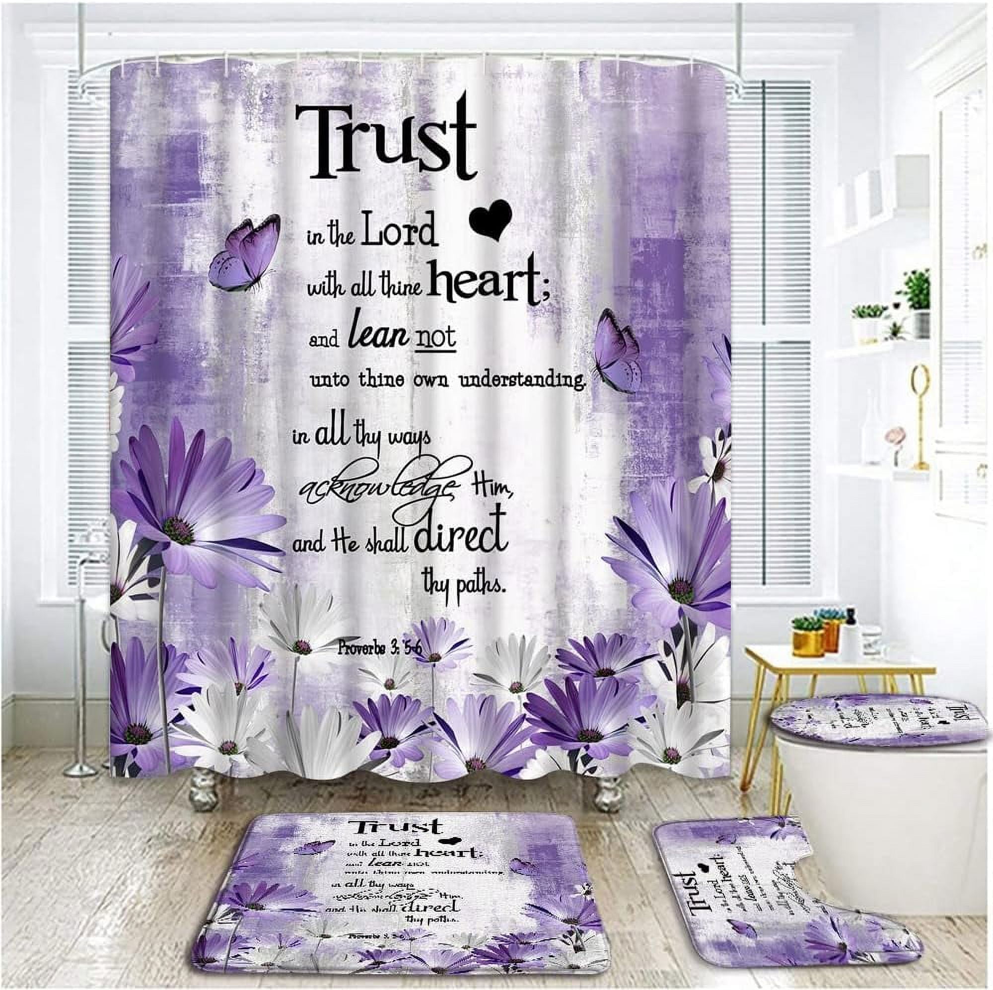 4 Piece Teal Grey Flower Shower Curtain Sets with Rugs, Toilet Lid Cover, Rustic Daisy Butterfly Inspirational Quotes Trust in The Lord Verse Farmhouse Art Bathroom Shower Curtain with 12 Hooks