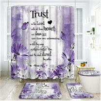 4 Piece Purple Grey Flower Shower Curtain Sets with Rugs, Toilet Lid Cover , Rustic Daisy Butterfly Inspirational Quotes Trust in The Lord Verse Farmhouse Art Bathroom Shower Curtain with 12 Hooks