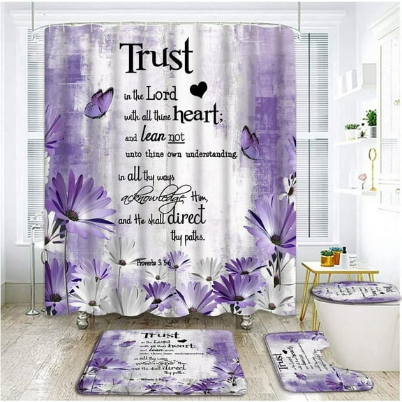 4 Piece Purple Grey Flower Shower Curtain Sets with Rugs, Toilet Lid Cover , Rustic Daisy Butterfly Inspirational Quotes Trust in The Lord Verse Farmhouse Art Bathroom Shower Curtain with 12 Hooks