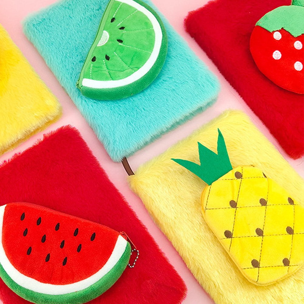 A5 Spiral Notebook Plush Fruit Notebook with Wallet, Funny Cartoon Journal, A5 Memoir Diary Notepad for Work Study Diary