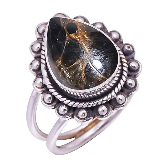 Copper Black Obsidian Gemstone 925 Sterling Silver Ring V9471, Statement Ring, Black Ring, Pear Ring, Gift For Her, Black Obsidian Ring
