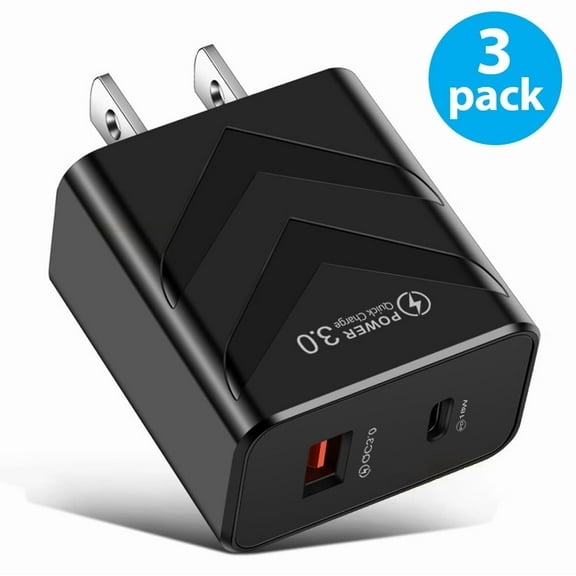 USB C Wall Charger, 3-Pack USB Type C Fast Power Charging Block Dual Port USB A & USB C Plug Adapter Compatible with iPhone, iPad, Samsung Galaxy, LG, Google Pixel, Moto, USB-C Port (Black)