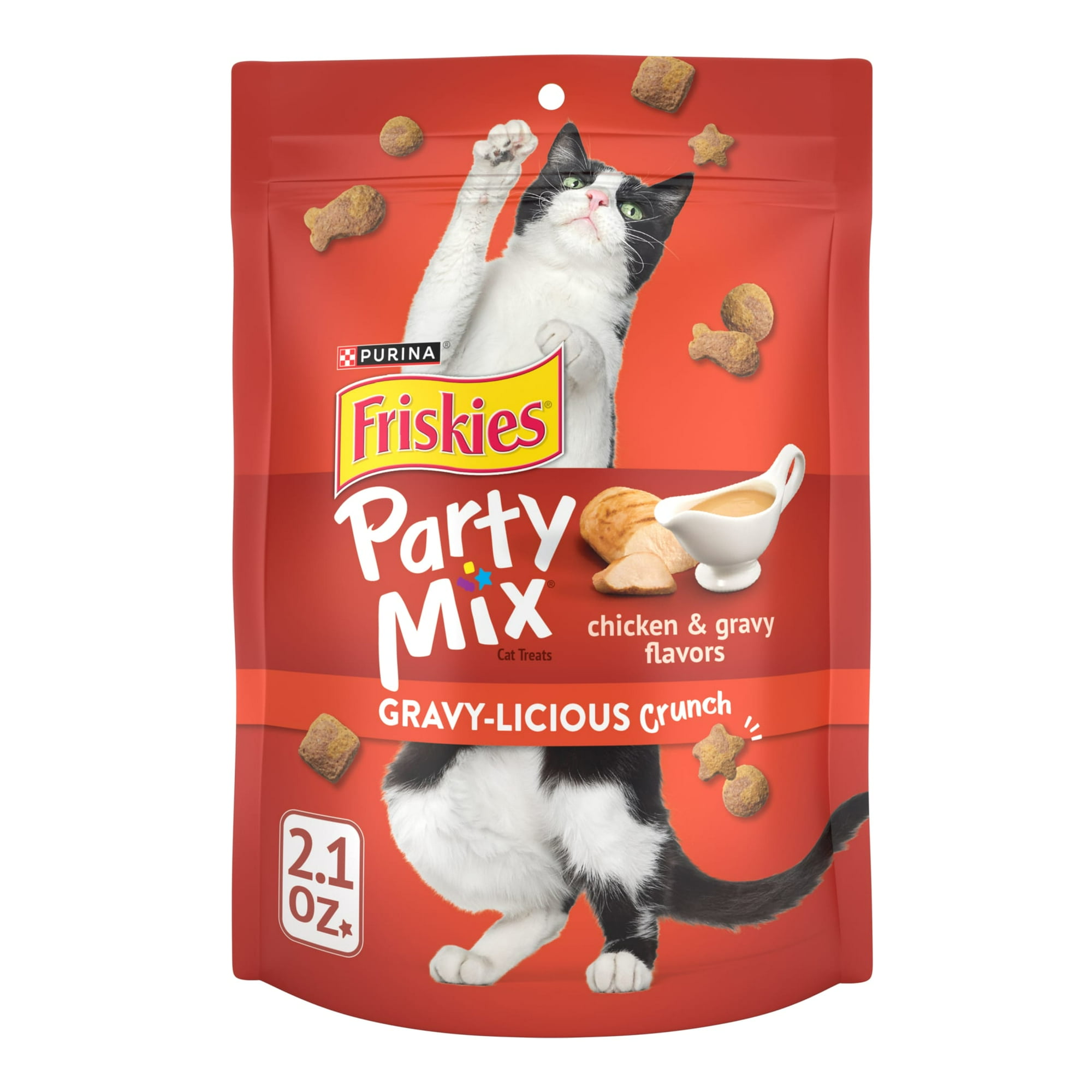 Purina Friskies Cat Treats, Party Mix Gravy-licious Crunch Chicken and Gravy Flavors, 2.1 oz.