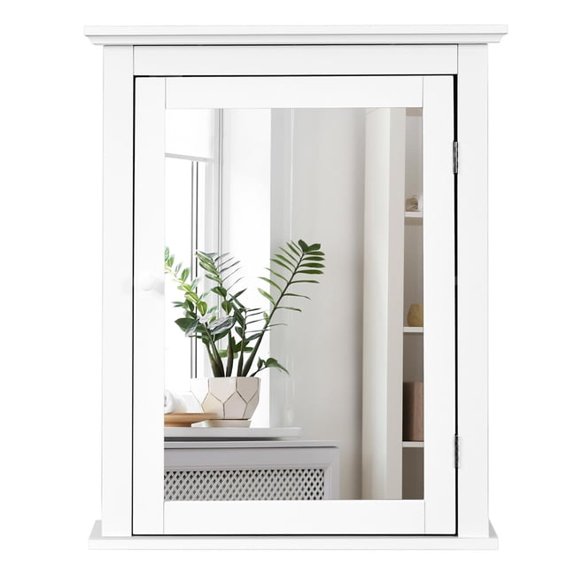 Giantex Bathroom Medicine Cabinets, Wall Mount Mirrored Storage Cabinets w/Single Door & Adjustable Shelf, Multipurpose Wooden Organizer for Hallway Living Room Bedroom, White
