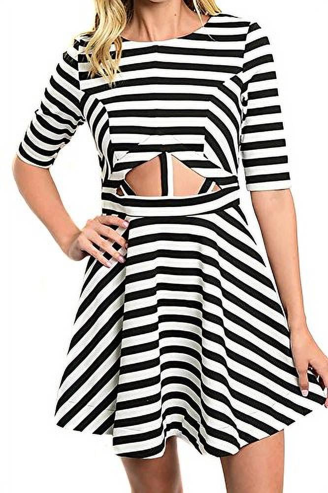 Black White Striped Cut Out Short Sleeve A-Line Skater Dress (Small) -  