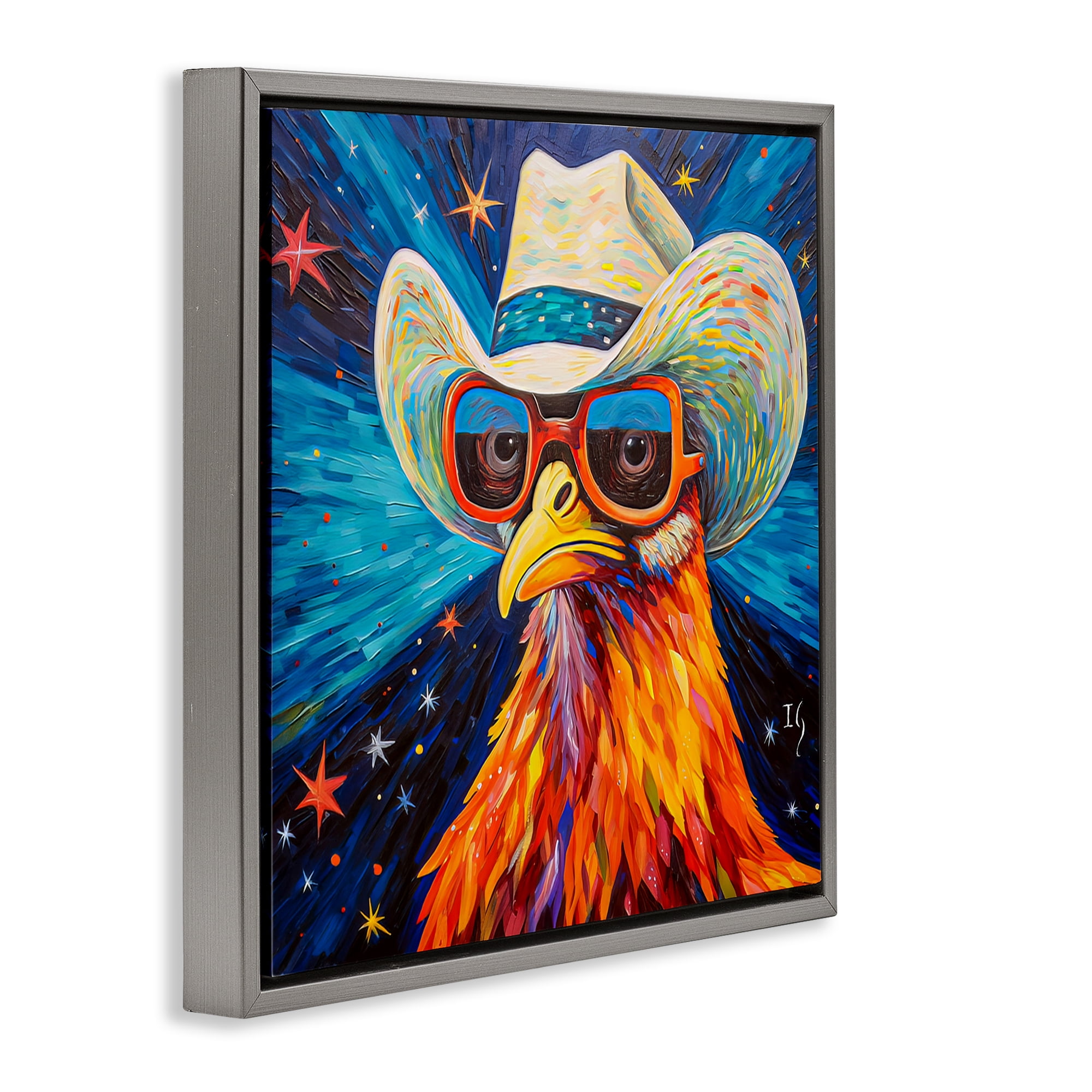 Stupell Industries Cowboy Chicken with Stars Animals & Insects Painting Gray Floater Framed Canvas Art Print Wall Art, 18 x 18