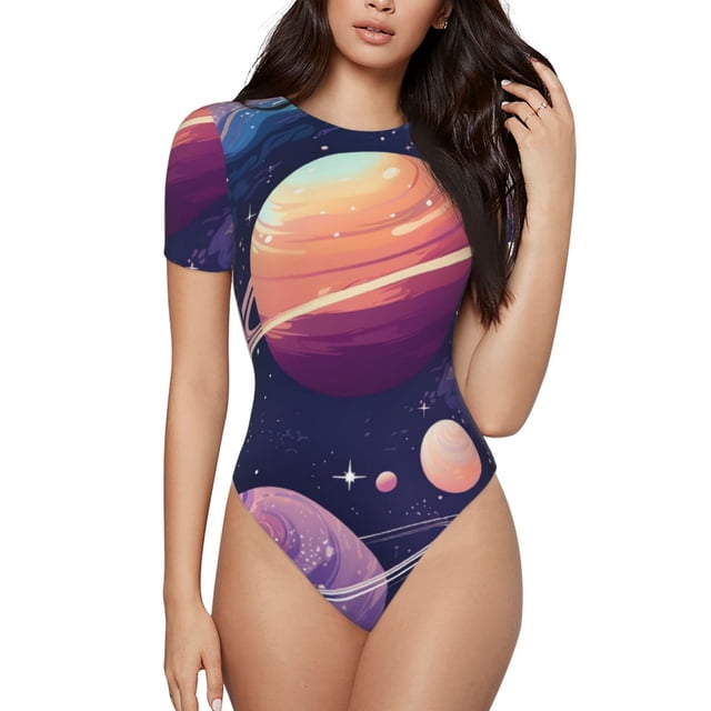 Kdxio Justaucorps à Manches Courtes Imprimé Galaxie Pastel pour Femmes Col Rond Modal Doux Confortable Ajusté Aguichant Haut-TG