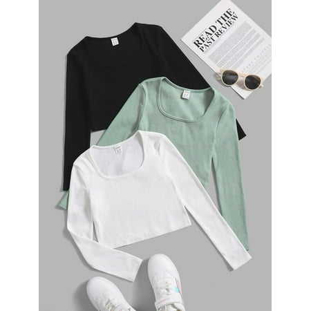 

Long Sleeve Girls 3pcs Ribbed Knit Tees T Shirt S221904X Multicolor 9Y(53IN)