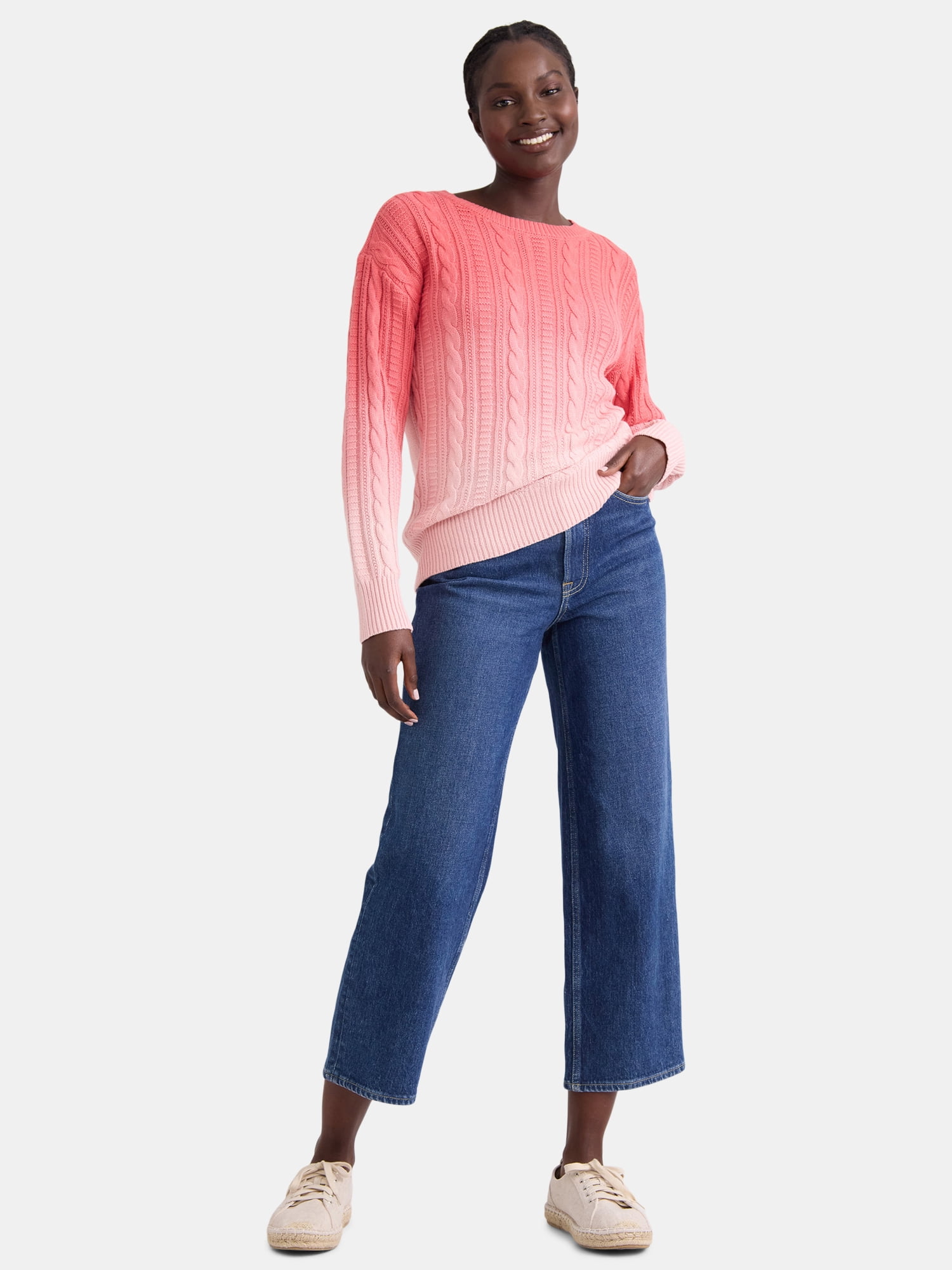 Time and Tru Women's Cable Knit Pullover Sweater, Midweight, Sizes XS-XXXL