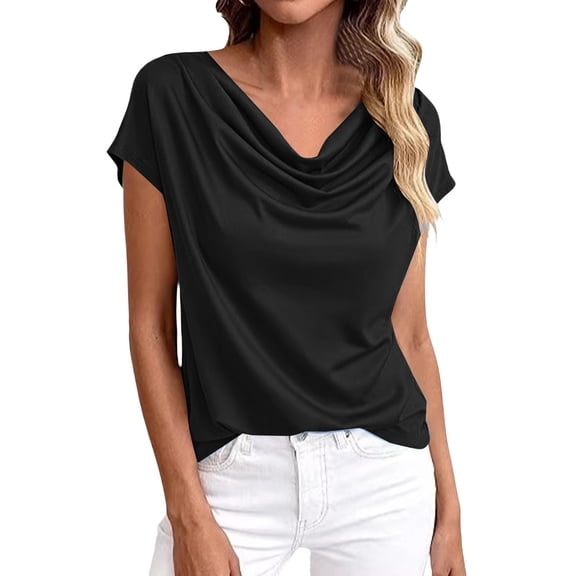 QASIEATN Women's Summer Solid Color Blouse Swing Collar Short Sleeve Casual Holiday Tops Fall Fashion Outfits for Women