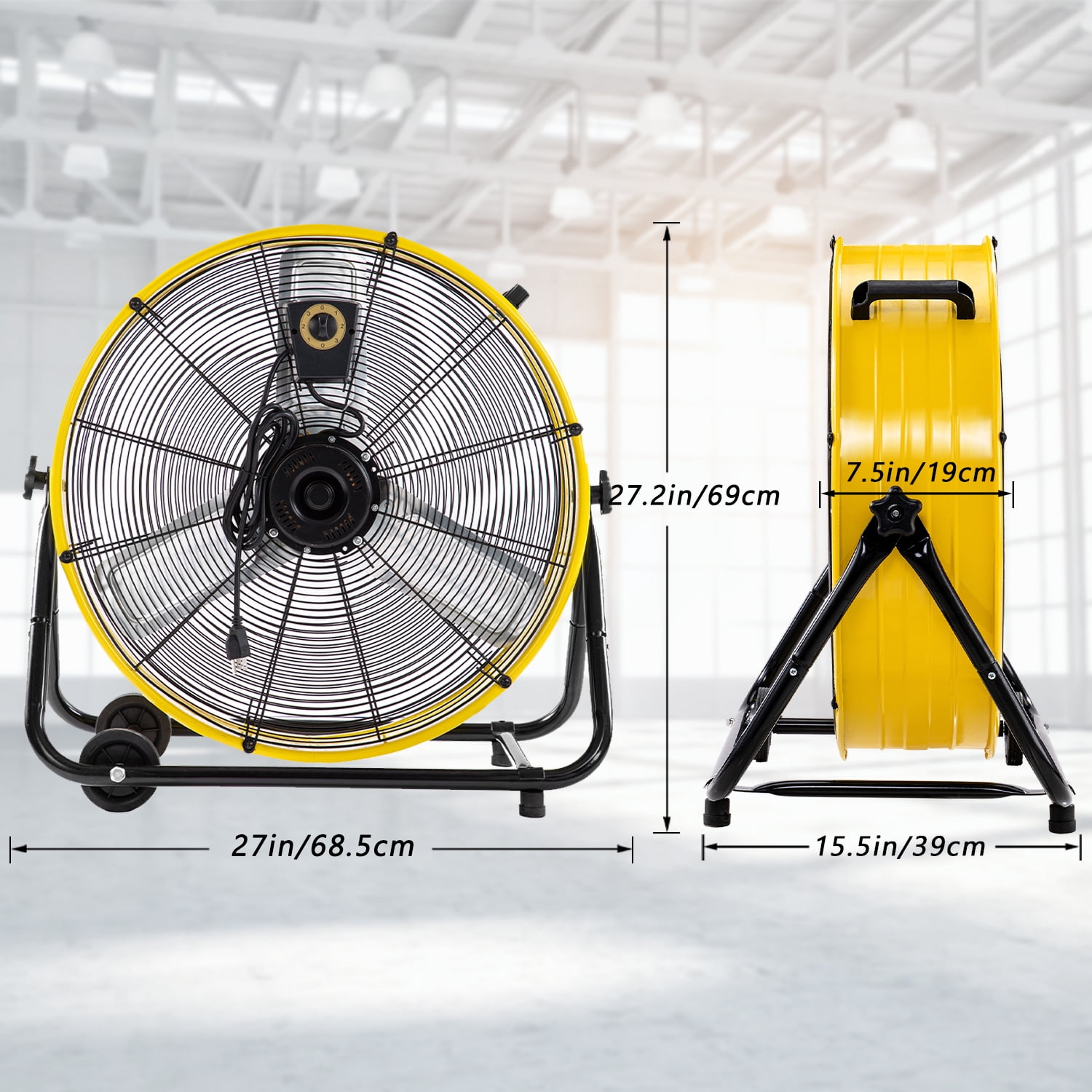24"Industrial Fan High Velocity,Heavy Duty Drum Fan up to 8100CFM,3-Speed & 360°Adjustable,Ideal for Home, Garage, Indoor/Outdoor Use, Yellow
