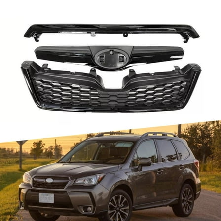 ONEPI Black Front Upper Hood & Front Grille Kit Compatible with Subaru Forester 2014 2015 2016 2017 2018 models, 3 Pcs, No Emblem