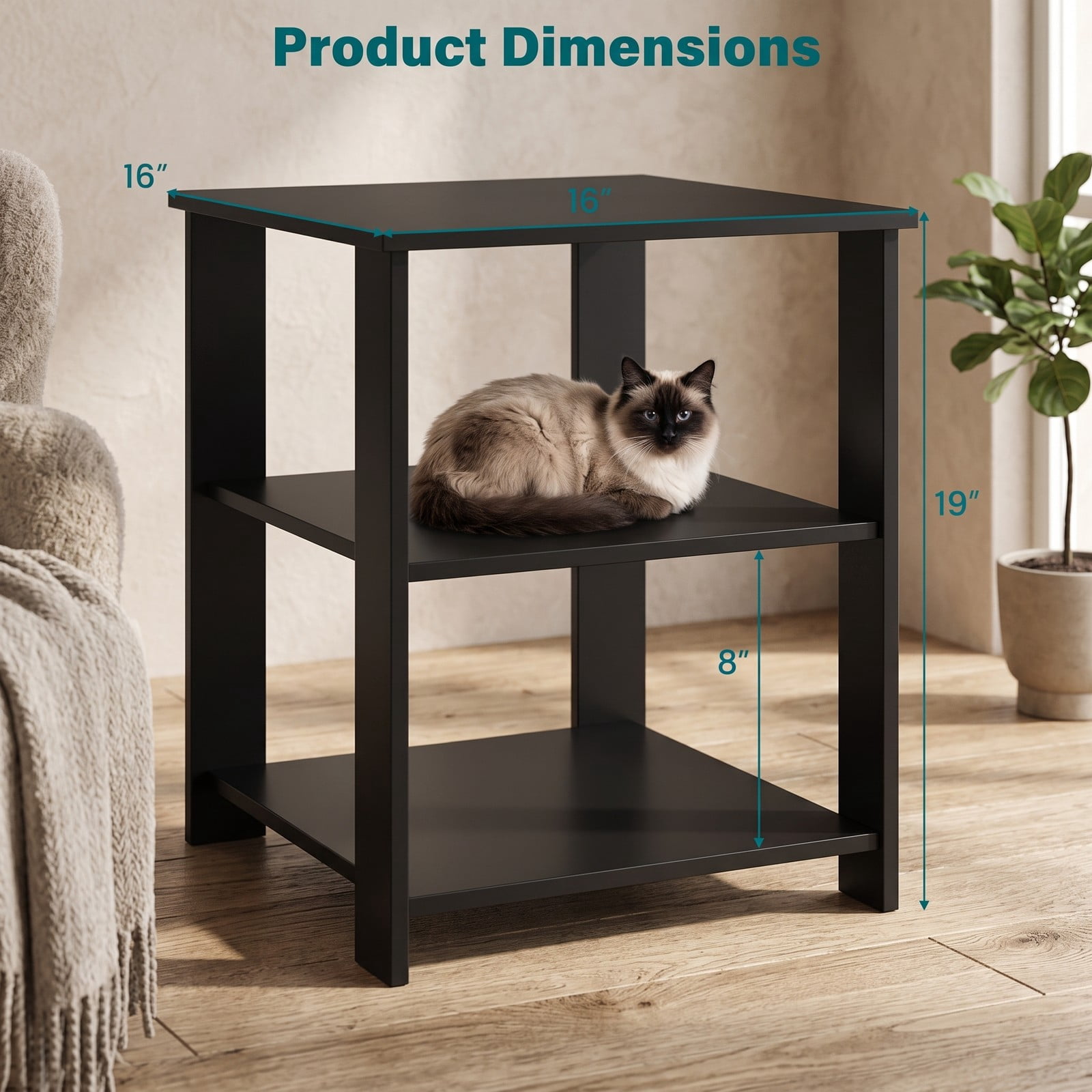Furnibear 3-Tier Nightstand Square Side Table with Open Storage Shelves, Modern Bedside End Table Sofa Side Table for Bedroom Living Room Small Spaces, Black