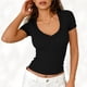 thumbnail image 2 of Camisas de Manga Corta para Mujeres Casual con Cuello en V Plisado, Camisetas de Color Sólido para Primavera Verano, 2 of 6