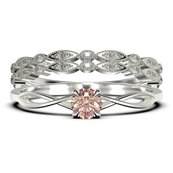 Infinity Loop Minimalist 1.50 Carat Round Cut Morganite Engagement Ring, Twisted Wedding Band in10k Solid White Gold, Promise Ring, Anniversary Gift, Trio Set, Matching Band