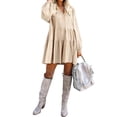 thumbnail image 2 of FANCYINN Long Sleeve Shift Tunic Dress Ruffle Swing Babydoll Juniors Mini Tiered Dress with Pockets Beige L, 2 of 5