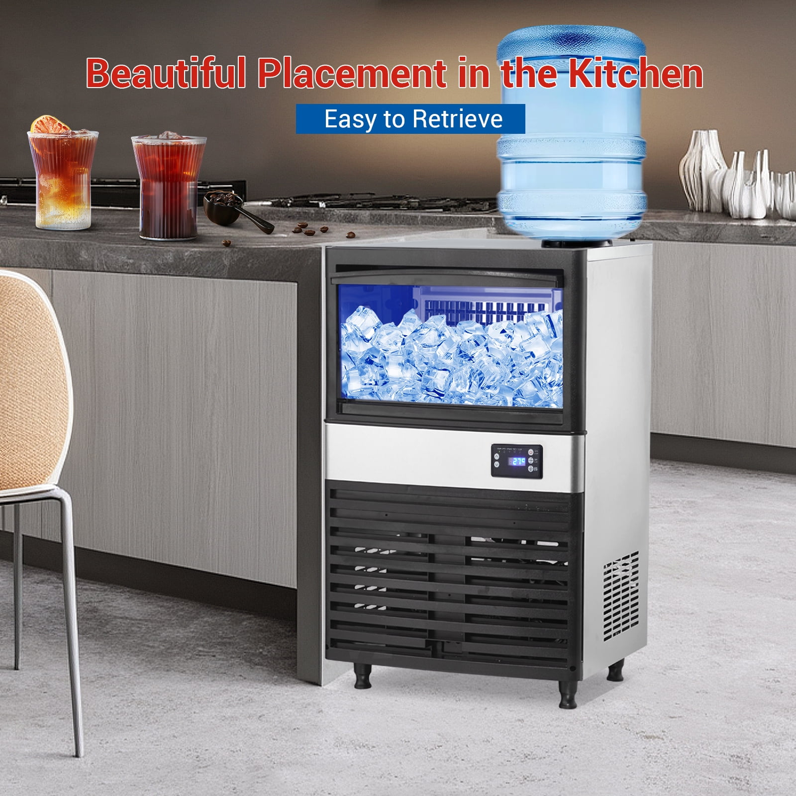 110lbs/24H Commercial Ice Maker Machine, 27lbs Storage, Makes 55 Clear Cube Ice Every Cycle in 10-20 Mins, Stainless Steel