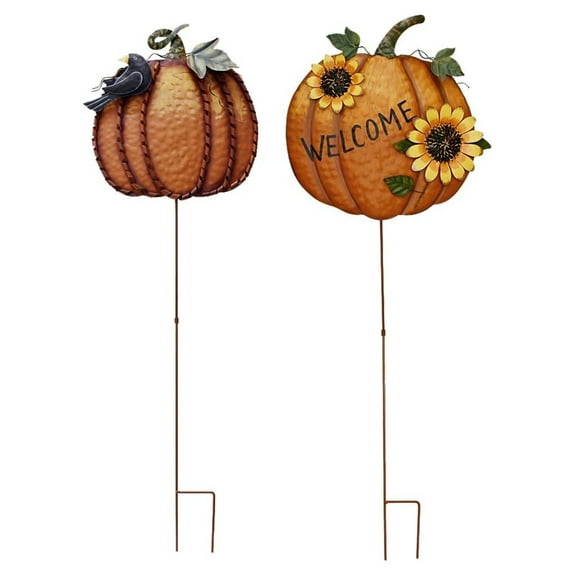 Fall Decor Metal Pumpkin Stakes Decorative Yard Sign Autumn Decor Welcome Pumpkins Garden Stake Outdoor Lawn Porch Patio Decoration for Thanksgiving Harvest (Set of 2)