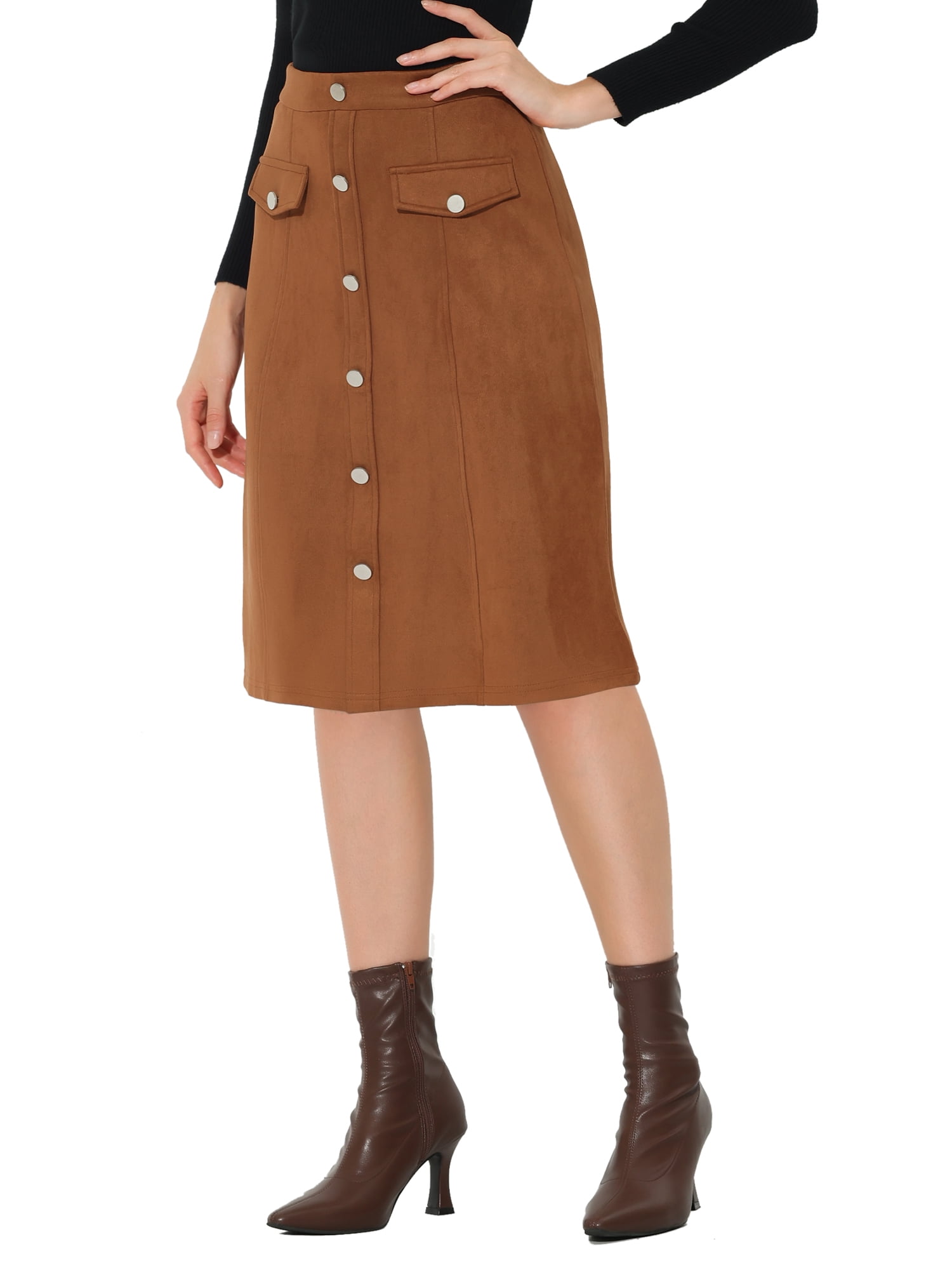 Unique Bargains Women's Suede Button Front Pockets Decor A-Line Skirts L Brown