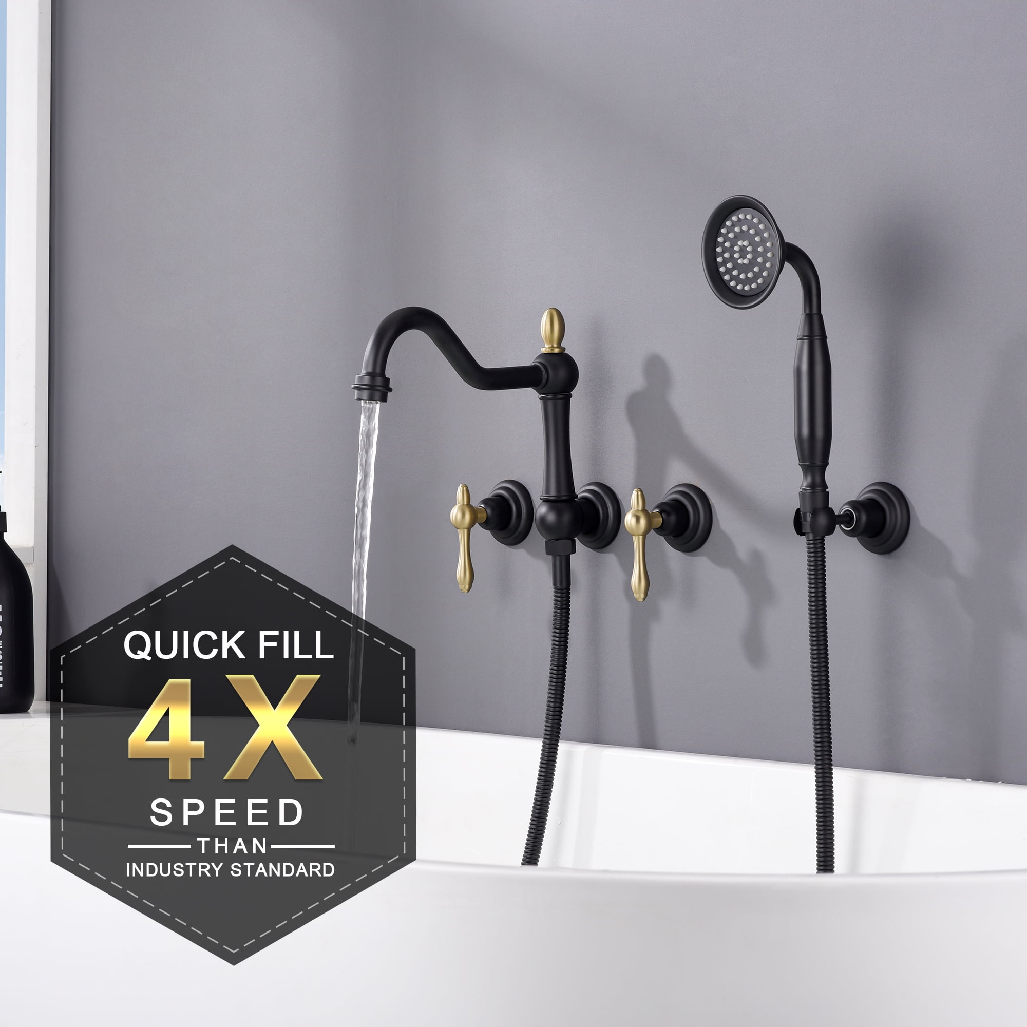 SUMERAIN Wall Mount Tub Faucet with Hand Shower, Vintage High-Flow Bathtub Filler Set Including Rough-in Valve, Black and Gold Finish