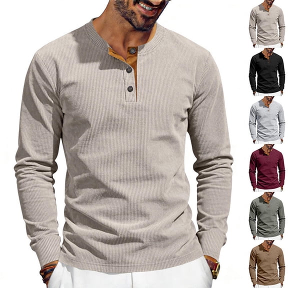 Men's Stand Collar Casual Top T-Shirt Long Sleeve Button Down Breathable Solid Color Relaxed Fit Men's T-Shirts Casual Button Up Outfit Work Travel Streetwear Fashion Essential