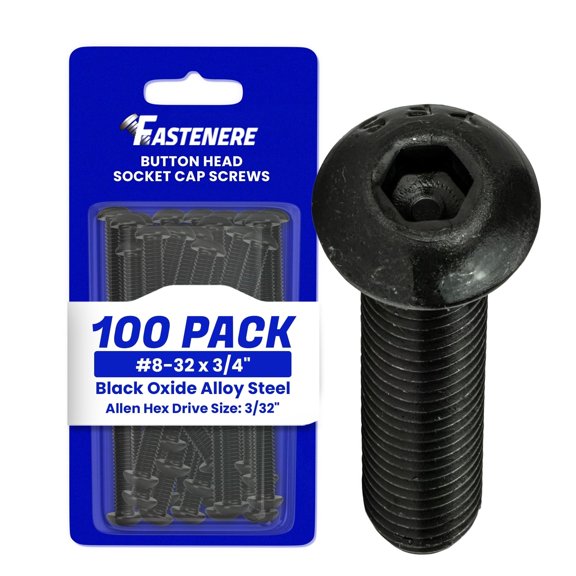 Fastenere Button Head Socket Cap Screws - 8-32 x 3/4" (100-Pcs) Alloy Steel, Fully Threaded, Fine Black Oxide Finish, Corrosion-Resistant, Machine Thread, Easy to Install w/ Allen Hex Drive