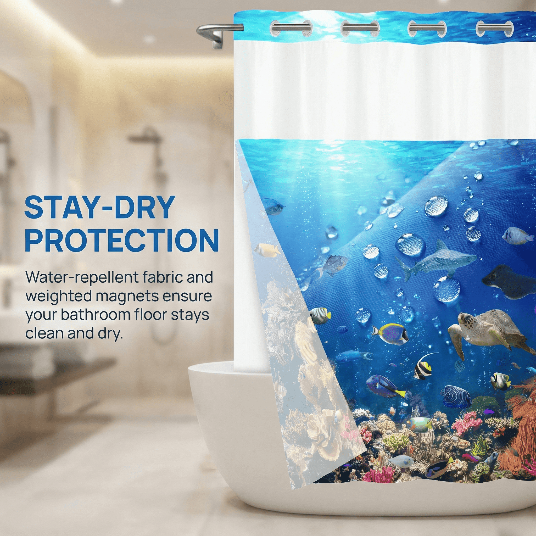 Goodbath No Hook Shower Curtain with Snap in Liner,Underwater Ocean World Sea Life Tropical Fish Turtle Coral Reef Fabric Shower Curtains, Double Layer, Mesh Top Window,71 x74 inches,Bright Blue