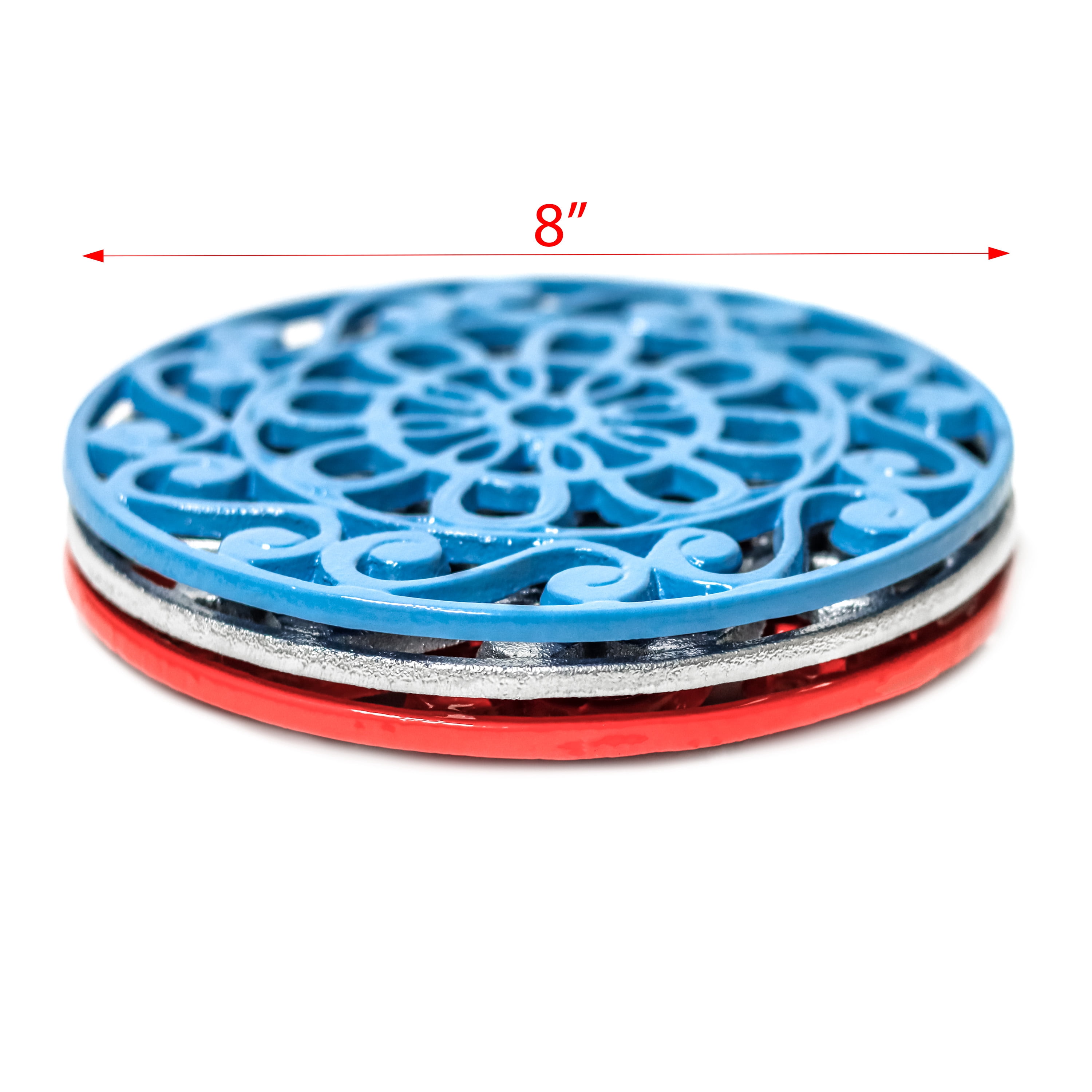 Decorative Cast Iron Metal Trivets (Set of 3, Blue/Red/Silver)