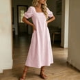 thumbnail image 3 of Ytndtr Women's Square Neck Puff Sleeve Linen Blend Midi Dress Casual Solid Color Shift Dress with Pockets, 3 of 6