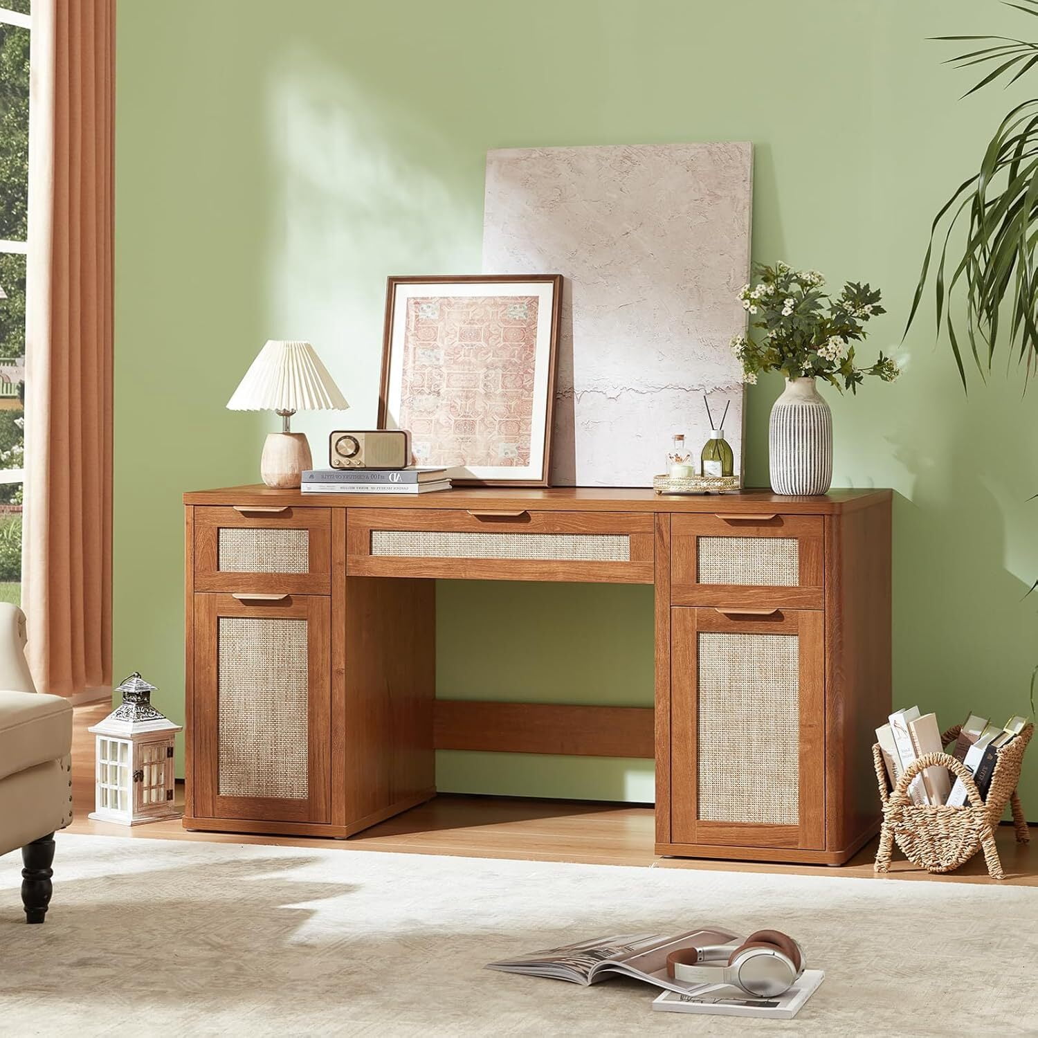 LEYAOYAO 56" Rattan Computer Desk with 3 Drawers & 2 Storage Cabinets, Boho Executive Desk, Modern Writing Desk for Home Office Bedroom, Tea Brown