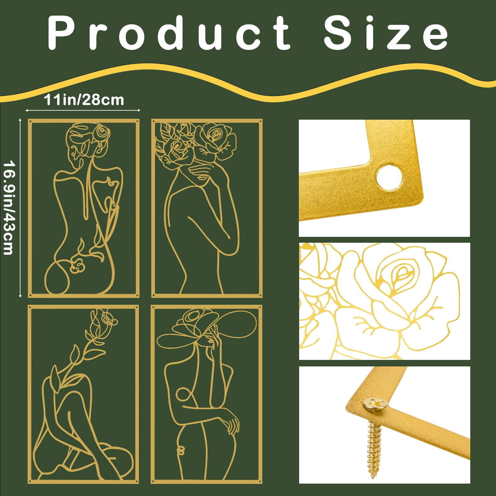 Wall Art Decor for Room Decor, 4 Piece Abstract Metal Wall Art, Female Gold Wall Decor, Minimalist Flower Line Wall Hangings for Home Living Room Bedroom Bathroom