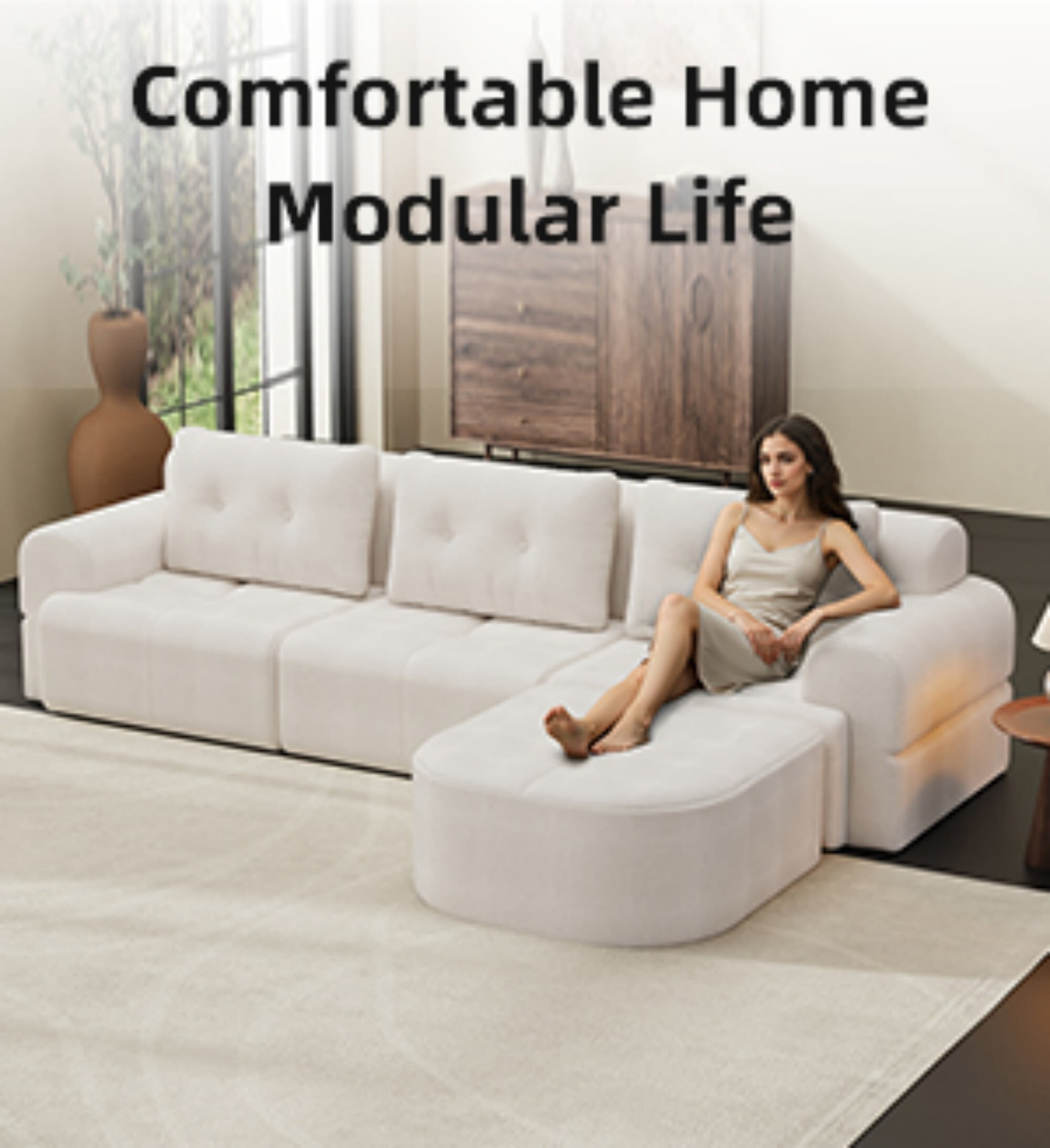 DEALTOPS 112" Modular Sectional Sofa with Ottoman, Full-Foam 3-Seat Convertible Chenille Cloud Couch, Beige