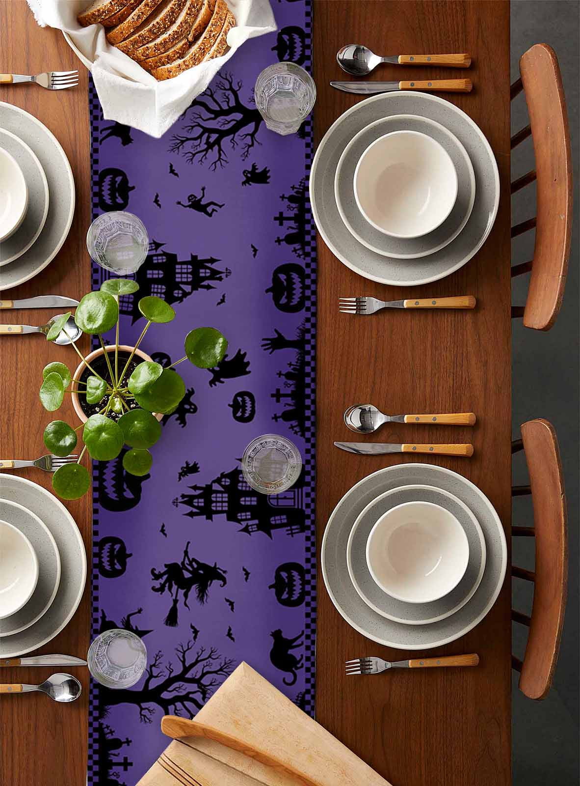 Halloween Purple Table Runner 36 Inches, Spooky Ghost Castle Pumpkin Plaid Bed Runner Dresser Scarves Tabletop for Indoor Outdoor Parties/Ceremony/Banquet, 13"x 36"
