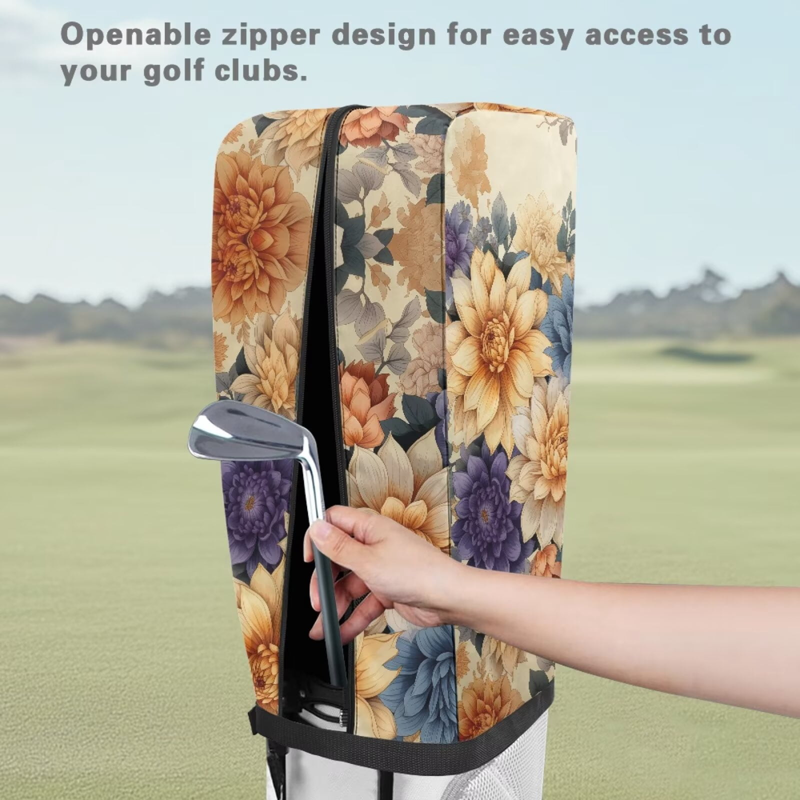 Chririnla Boho Golf Bag Rain Cover Heavy Duty 1260D Polyester Flower Clubs Protector Waterproof Dustproof Easy Access Universal Fit Rain Capes for Golf Staff Bags and Tour Bags