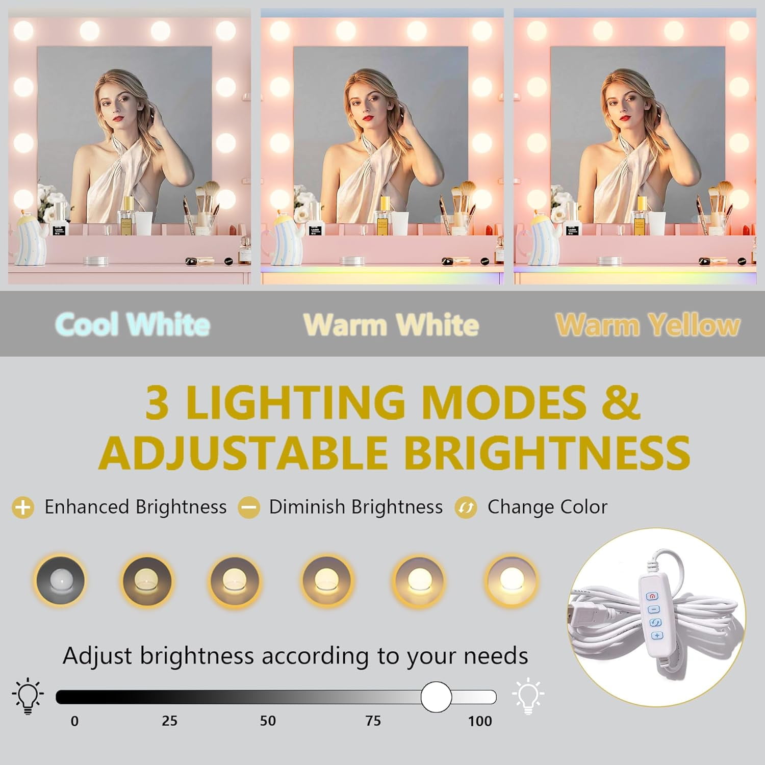 FANRAL 43'' Vanity Desk with 10 LED Lights,Under-Table RGB Strip & Built-in Power Station,Multi-Storage Makeup Table for Bedroom Bathroom Grooming,Pink Vanity