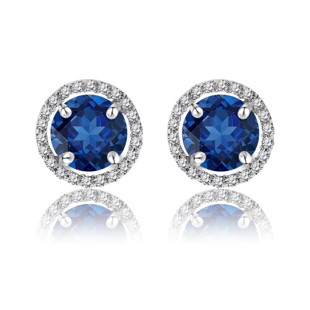 JeenMata Pendientes de Botón con Halo de Zafiro Azul de Talla Redonda de 1,25 Quilates con Piedra Natal de Septiembre en Oro Blanco de 18 K sobre Plata