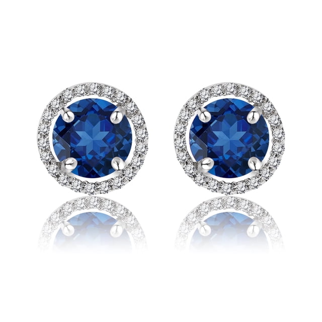 JeenMata Pendientes de Botón con Halo de Zafiro Azul de Talla Redonda de 1,25 Quilates con Piedra Natal de Septiembre en Oro Blanco de 18 K sobre Plata