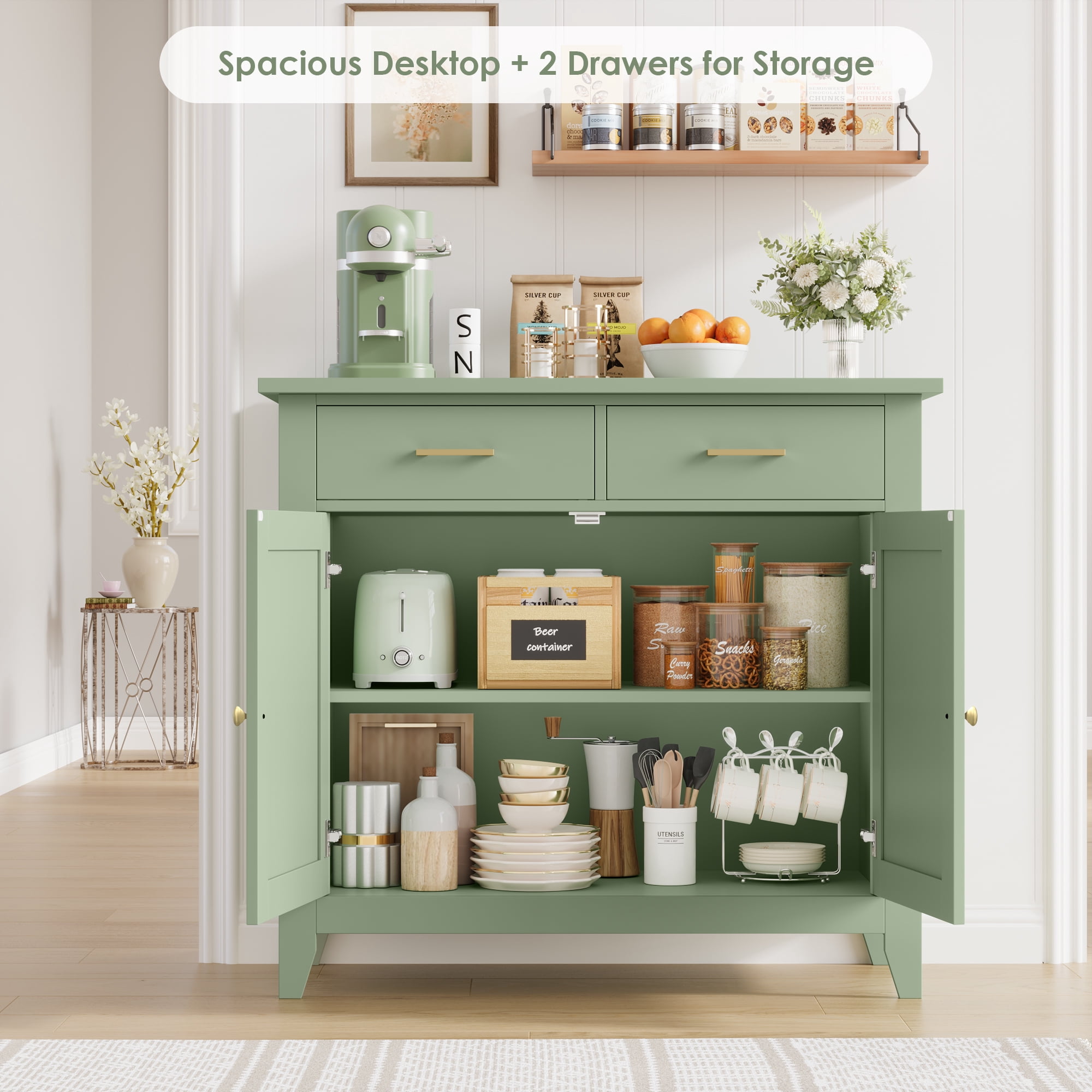 Homfa Kitchen Storage Cabinet, Farmhouse Buffet Sideboard with 2 Drawers and 2 Doors, Entryway Cabinet Coffee Bar for Dining Room Living Room, Green