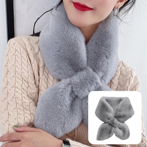 Women Scarf Solid Color Cross Soft Cozy Thick Keep Warm Faux Rex Rabbit Fur Lightweight Neck Wrap for Banquet