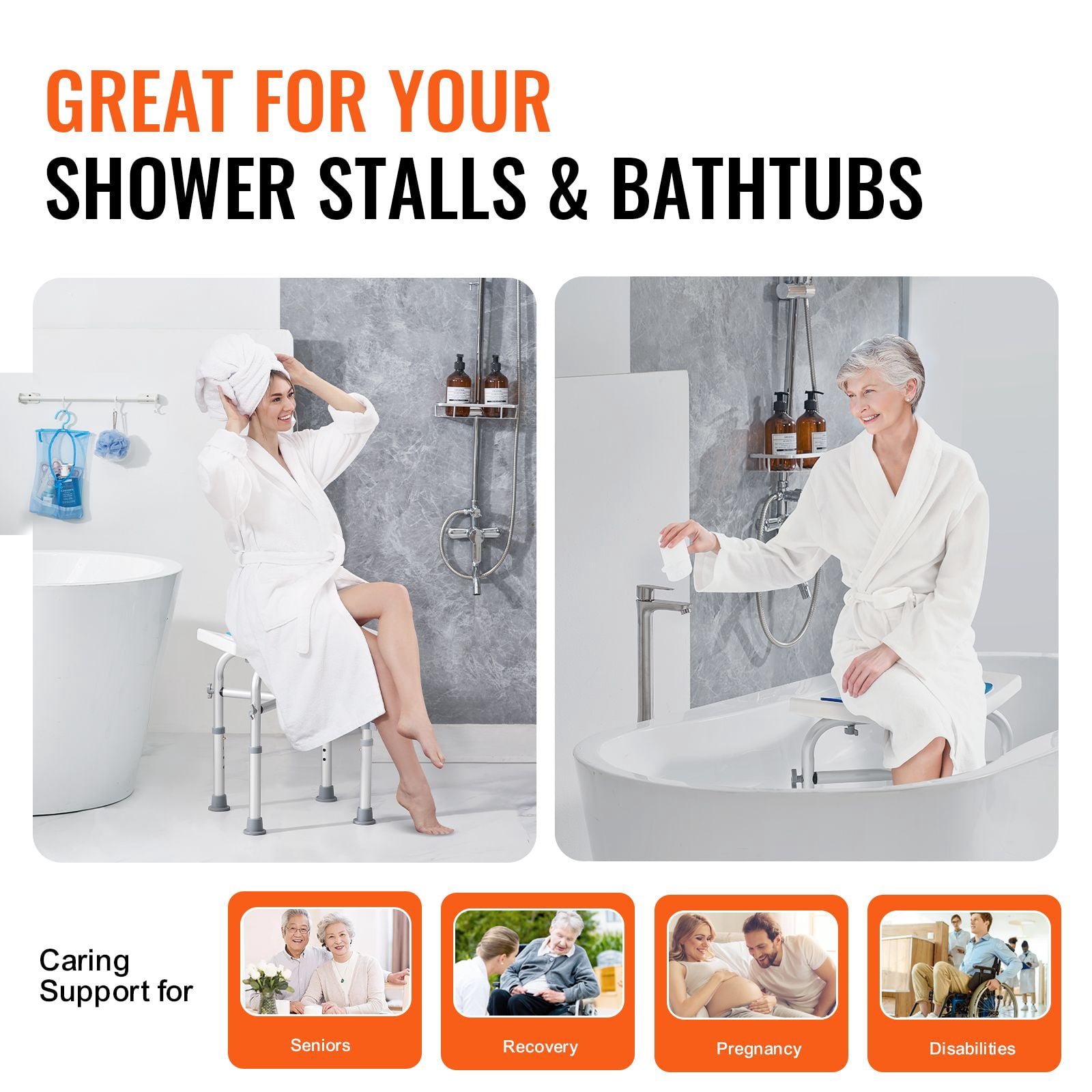 Shower Stool with Adjustable Height, 500 lbs Capacity, PE + Aluminum Alloy, 4 Non-Slip Pads, Tool-Free Assembly, for Seniors, Disabled, Pregnant Women & Post-Surgery Patients