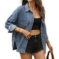 thumbnail image 3 of Womens Oversized Denim Shirt Jacket Button Down Long Sleeve Fall Casual Jean Shackets Blue L, 3 of 8