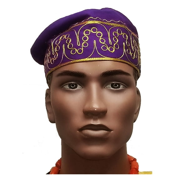 African Purple Kufi Hat with Gold Embroidery