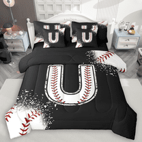 Manfei Baseball Sport Bedding Comforter Set 7-Piece for Kids Teens, Black White Full Bedding Set, Monogrammed Letter U Fitted Sheet Flat Sheet, Ultra Soft Home Decor