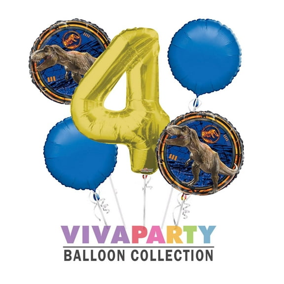 Dinosaur Round Balloon Bouquet 5 pc, 4th Birthday, Gold Number 4 Jumbo Balloon | Viva Party Balloon Collection