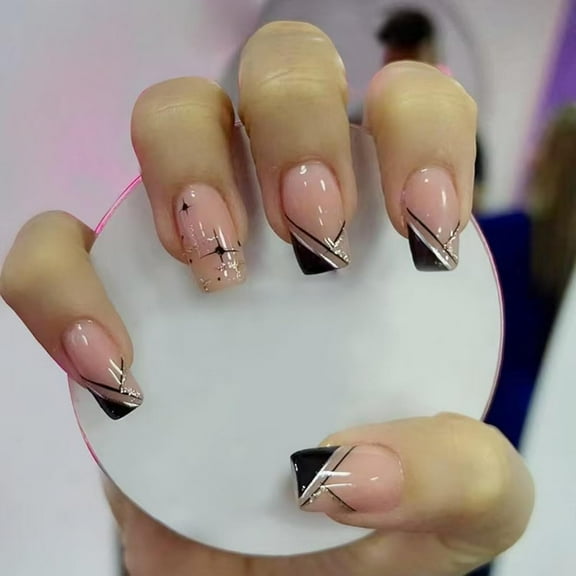 French Tip Press on Nails Short Square Fake Nails Stripe Glue on Nails with Rhinestone Bow Design Glossy Stick on Nails Artificial Acrylic Full Cover Water Drop False Nails for Women Manicure 24Pcs