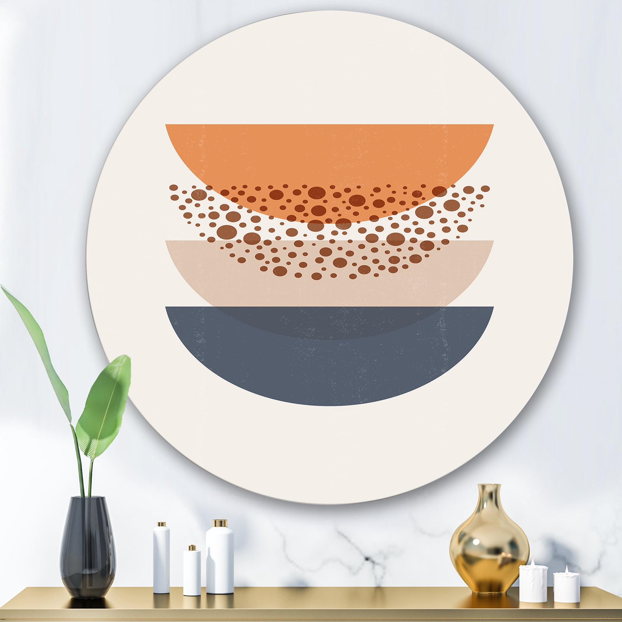 Designart 'Abstract Moon and Sun Geometrics In Blue & Orange' Modern Circle Metal Wall Art 36x36 - Disc of 36