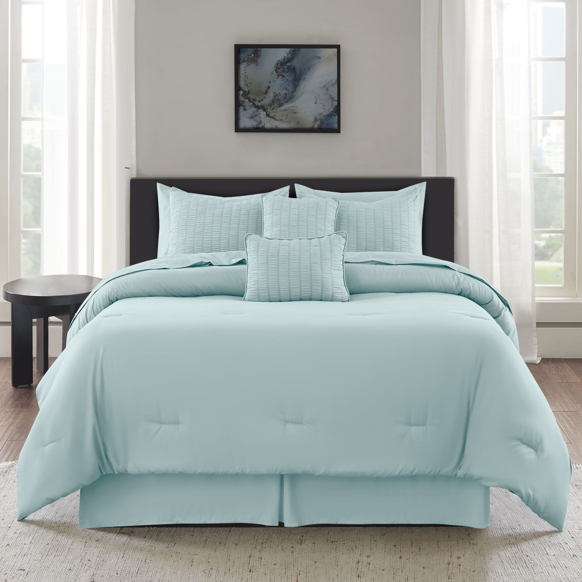 Lux Decor Collection King Seersucker Bedding Comforter Set – All-Season 10 Pieces Bed in a Bag Includes Comforter, Sheets, Pillow Shams, Bed Skirt & Decorative Pillows for Ultimate Comfort, Aqua Blue